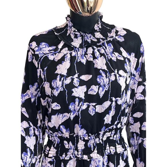 O.P.T Anthropologie Black Purple Floral Smocked Midi Dress Long Sleeve M - Picture 4 of 10